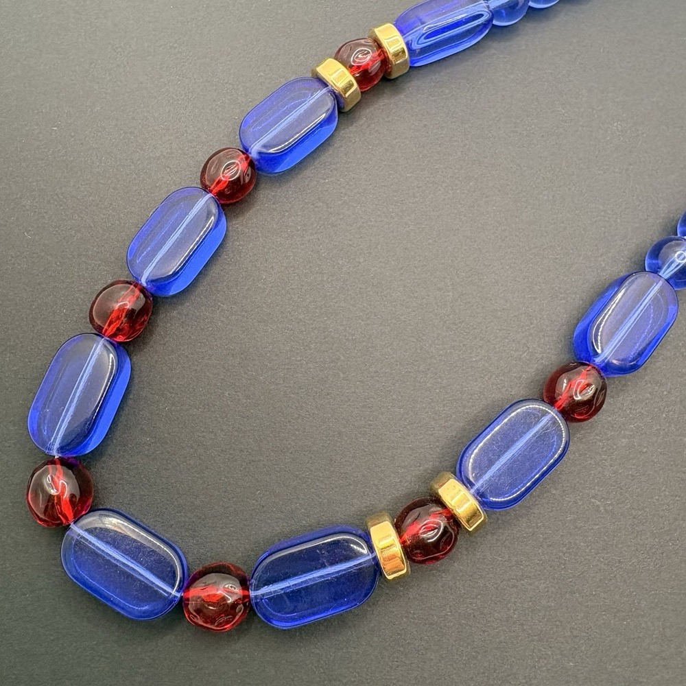 Vintage Joan Rivers Acrylic Lucite Strand Necklace Blue Red Beads Gold Tone 22"